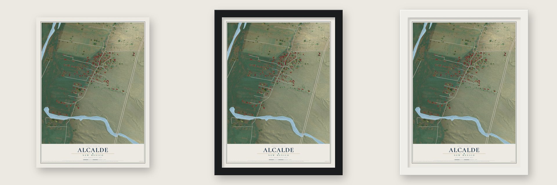 Alcalde, New Mexico map unframed, in a black wood frame and in a white wood frame