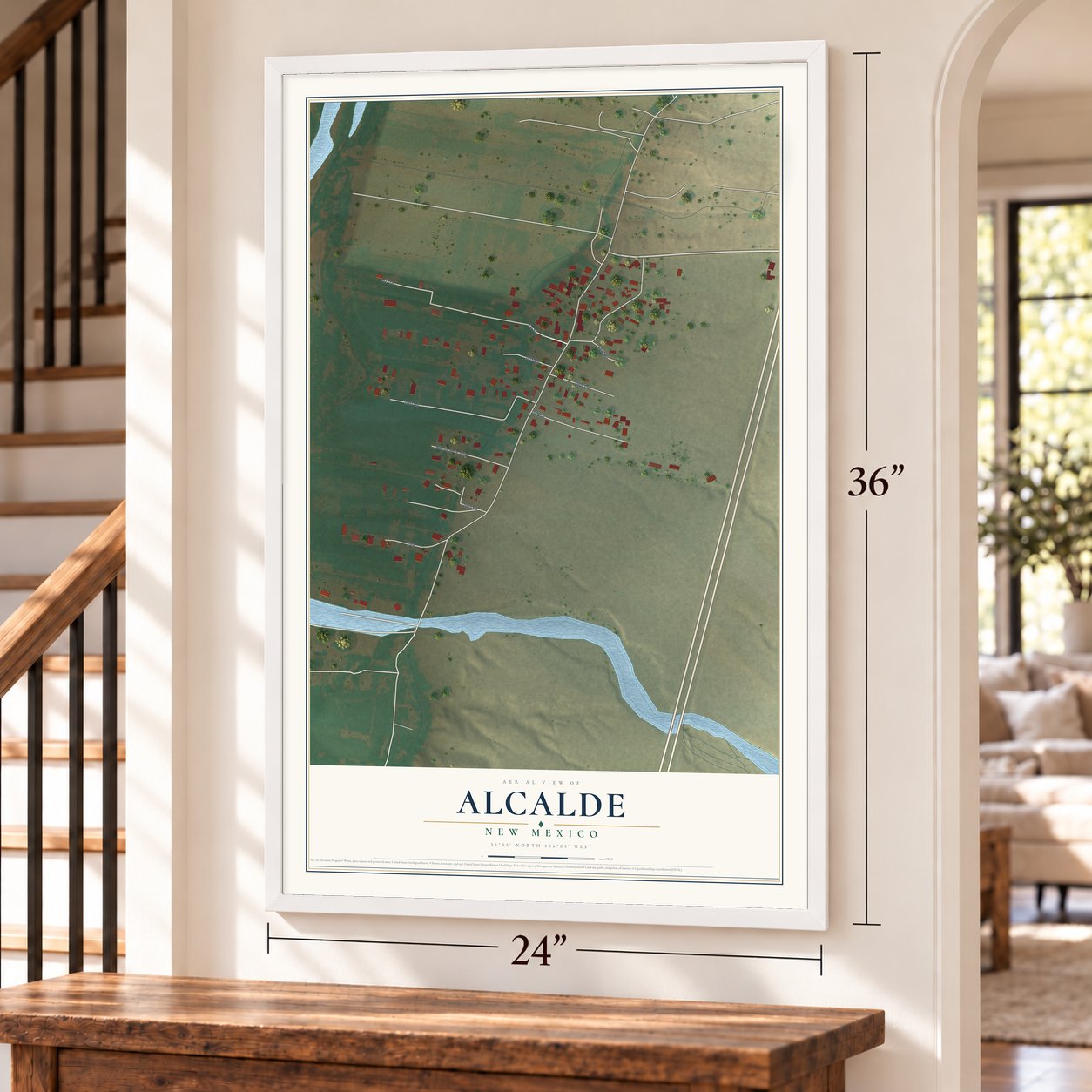 Alcalde, New Mexico map, 24 x 36 inch print in a white frame by a staircase