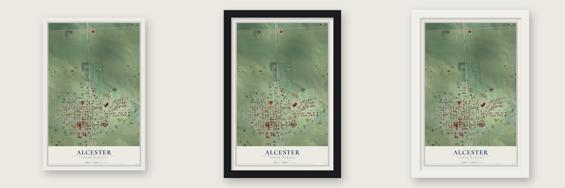 Alcester, South Dakota map unframed, in a black wood frame and in a white wood frame
