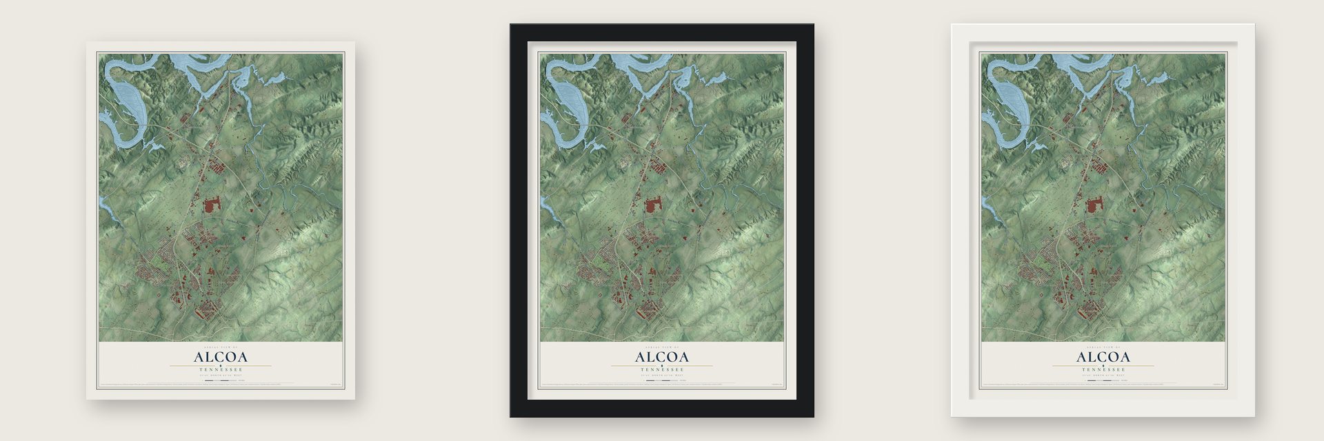 Alcoa, Tennessee map unframed, in a black wood frame and in a white wood frame