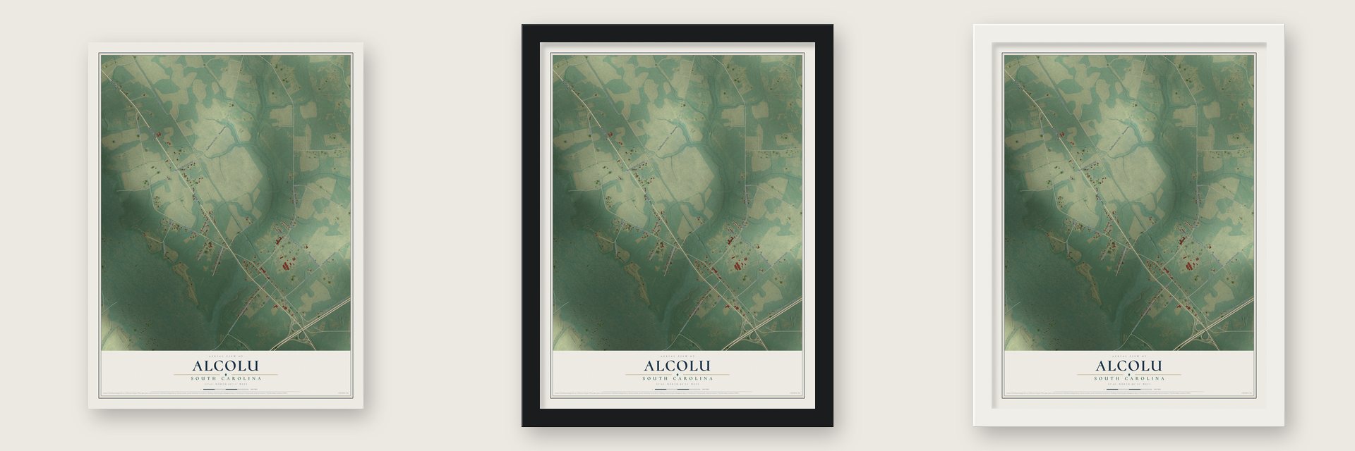 Alcolu, South Carolina map unframed, in a black wood frame and in a white wood frame