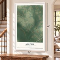 Alcolu, South Carolina map, 24 x 36 inch print in a white frame by a staircase