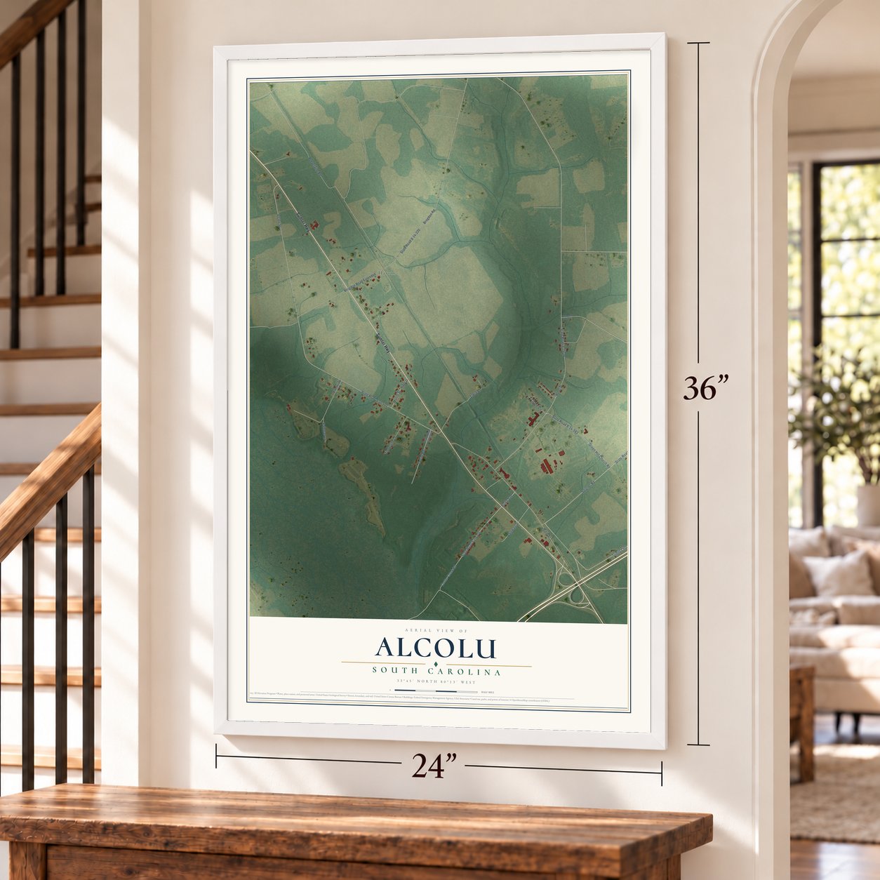 Alcolu, South Carolina map, 24 x 36 inch print in a white frame by a staircase