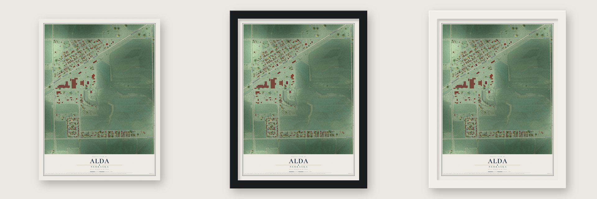 Alda, Nebraska map unframed, in a black wood frame and in a white wood frame