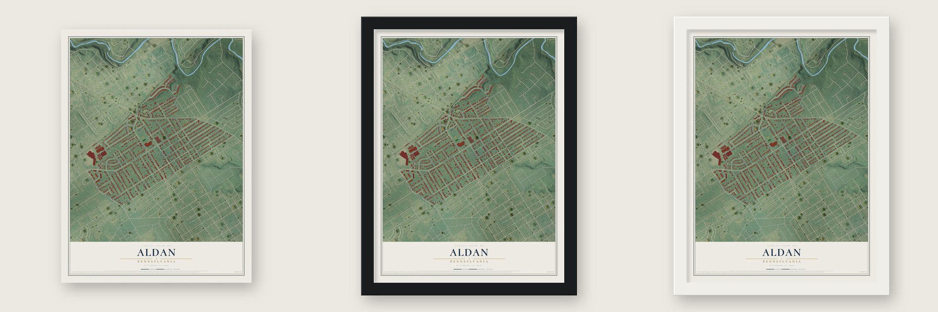 Aldan, Pennsylvania map unframed, in a black wood frame and in a white wood frame