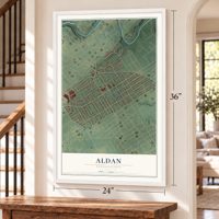 Aldan, Pennsylvania map, 24 x 36 inch print in a white frame by a staircase