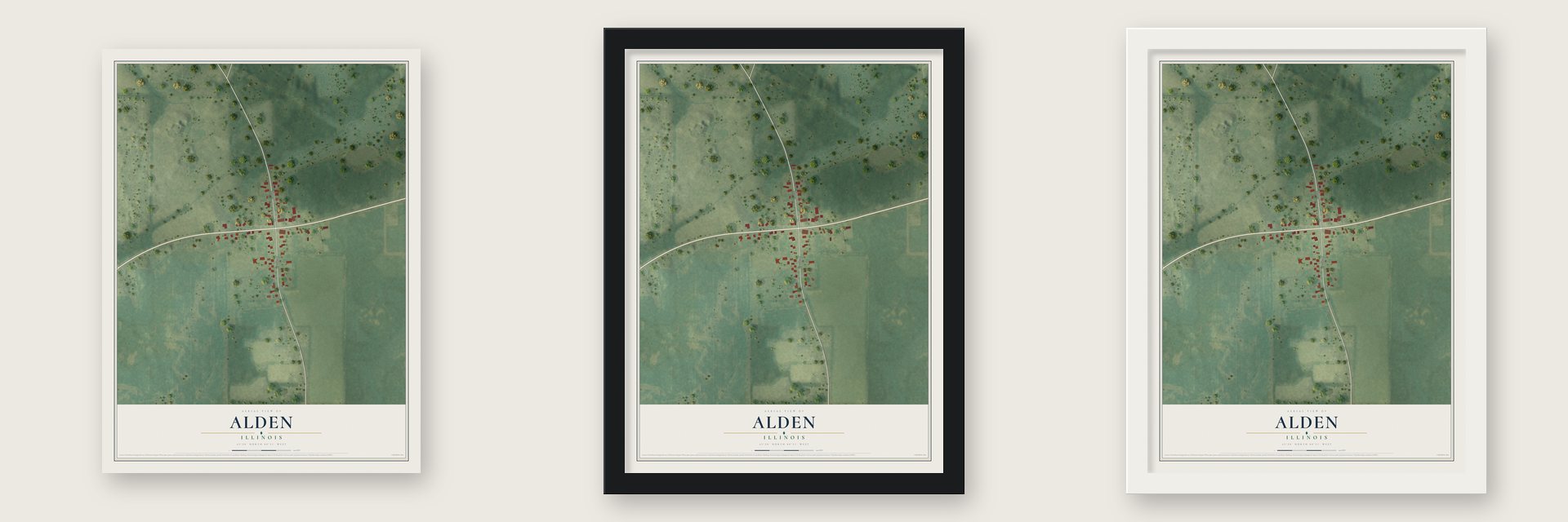 Alden, Illinois map unframed, in a black wood frame and in a white wood frame