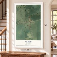 Alden, Illinois map, 24 x 36 inch print in a white frame by a staircase