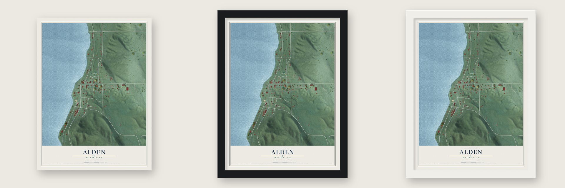 Alden, Michigan map unframed, in a black wood frame and in a white wood frame