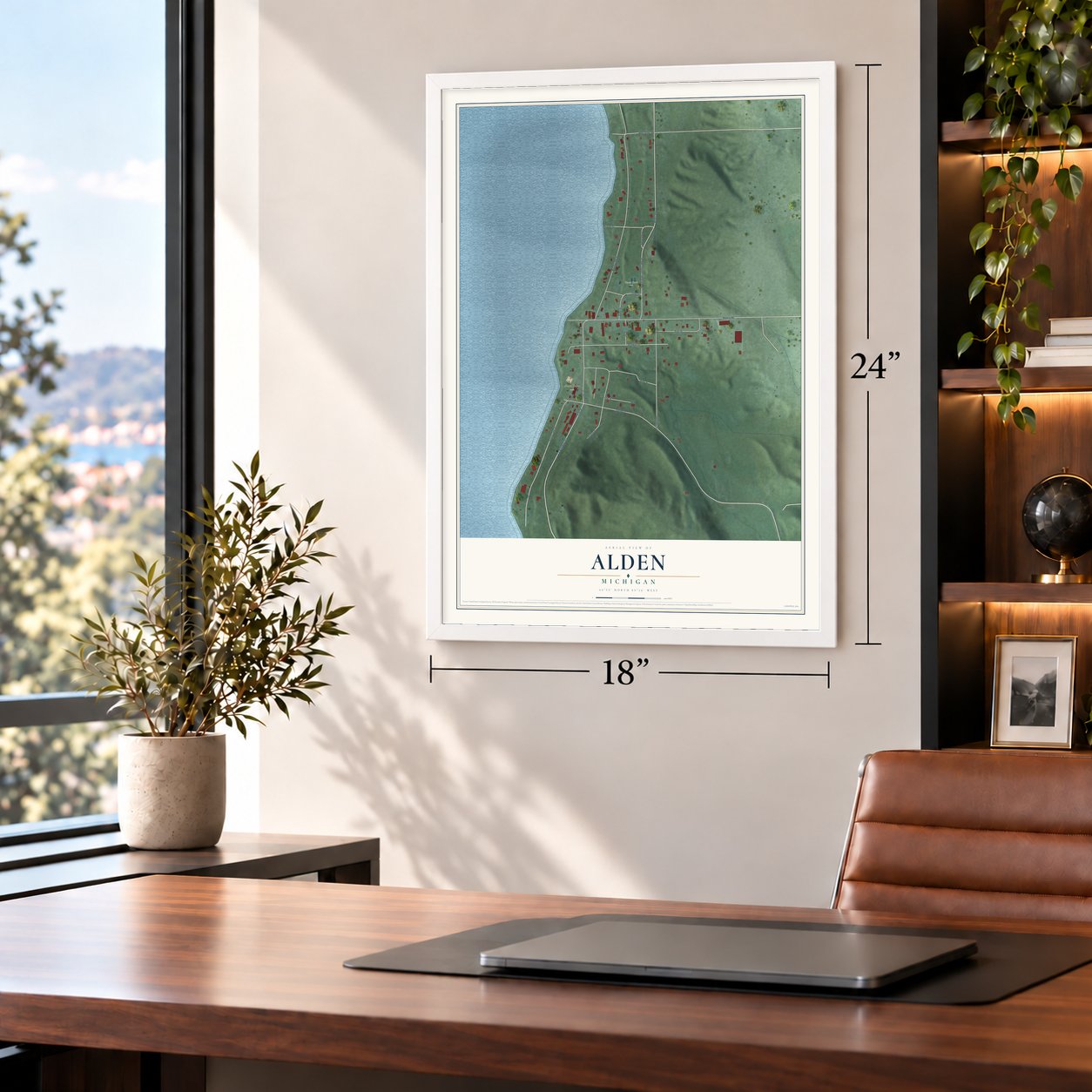 Alden, Michigan map, 18 x 24 inch print in a white frame in a home office