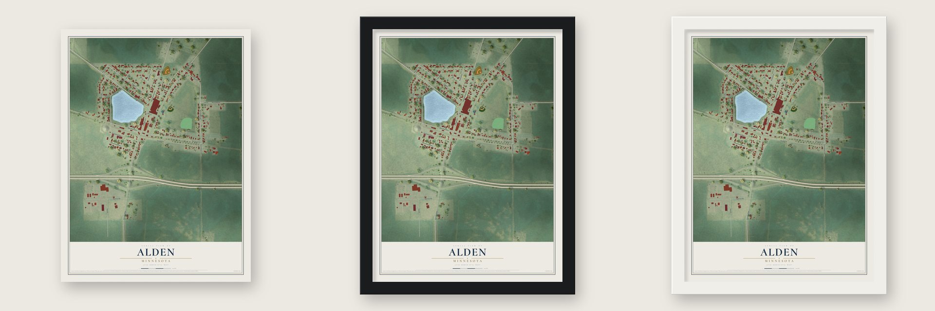 Alden, Minnesota map unframed, in a black wood frame and in a white wood frame