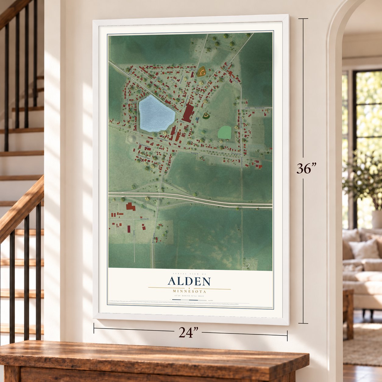 Alden, Minnesota map, 24 x 36 inch print in a white frame by a staircase