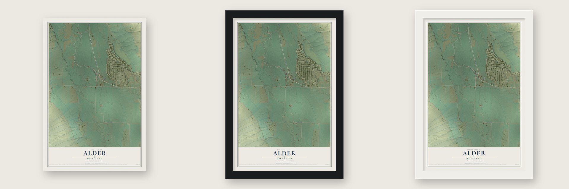 Alder, Montana map unframed, in a black wood frame and in a white wood frame