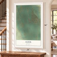 Alder, Montana map, 24 x 36 inch print in a white frame by a staircase