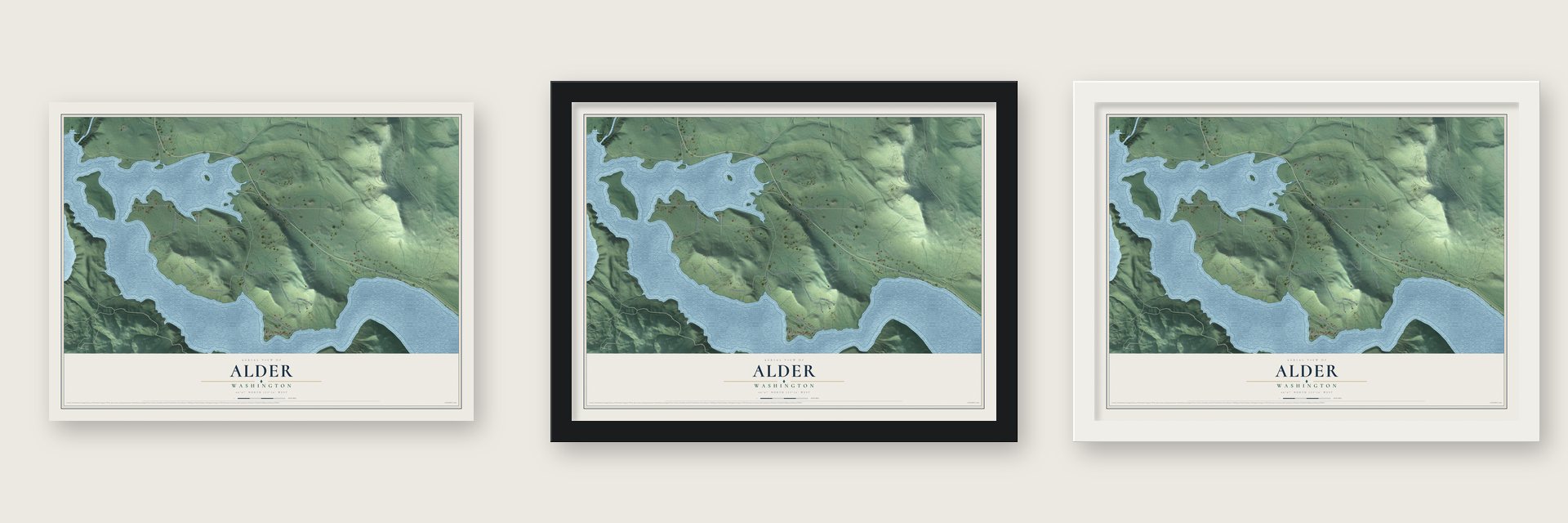 Alder, Washington map unframed, in a black wood frame and in a white wood frame