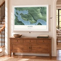 Alder, Washington map, 24 x 36 inch print in a white frame above a dresser by a staircase