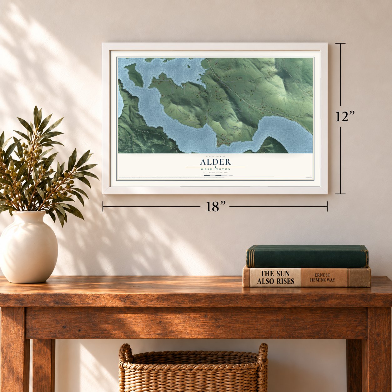Alder, Washington map, 12 x 18 inch print in a white frame in an entryway
