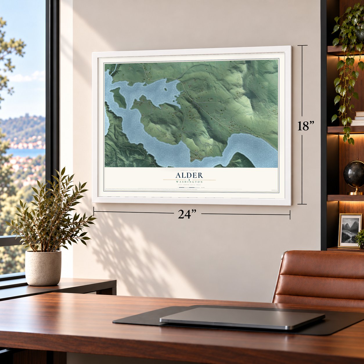 Alder, Washington map, 18 x 24 inch print in a white frame in a home office
