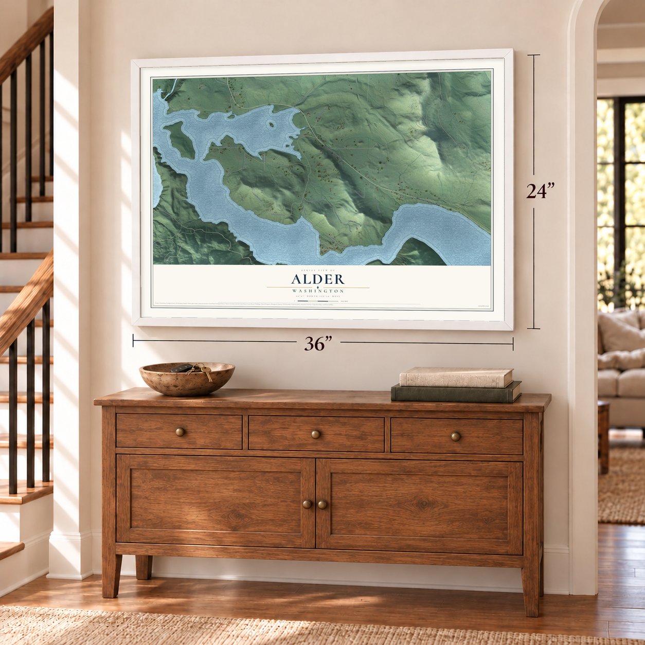 Alder, Washington map, 24 x 36 inch print in a white frame above a dresser by a staircase