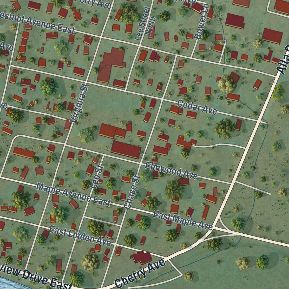 Second close-up of the map of Alderson, West Virginia print showing more streets and buildings