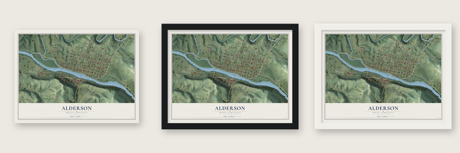 Alderson, West Virginia map unframed, in a black wood frame and in a white wood frame