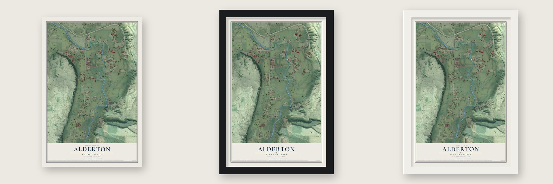 Alderton, Washington map unframed, in a black wood frame and in a white wood frame