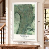 Alderton, Washington map, 24 x 36 inch print in a white frame by a staircase
