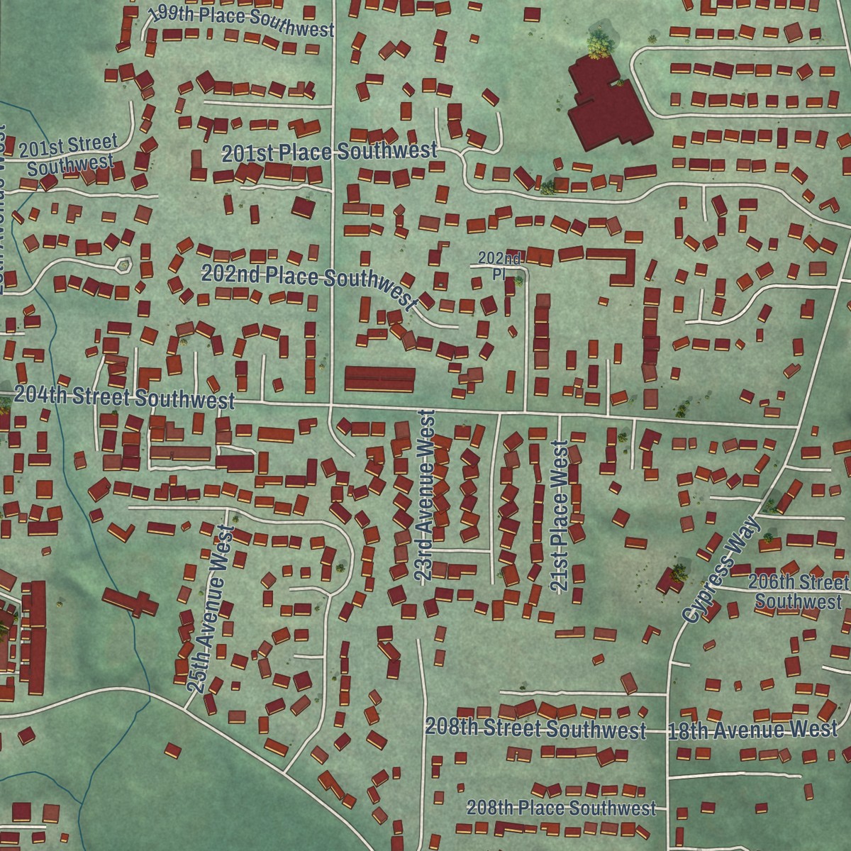 Second close-up of the map of Alderwood Manor, Washington print showing more streets and buildings