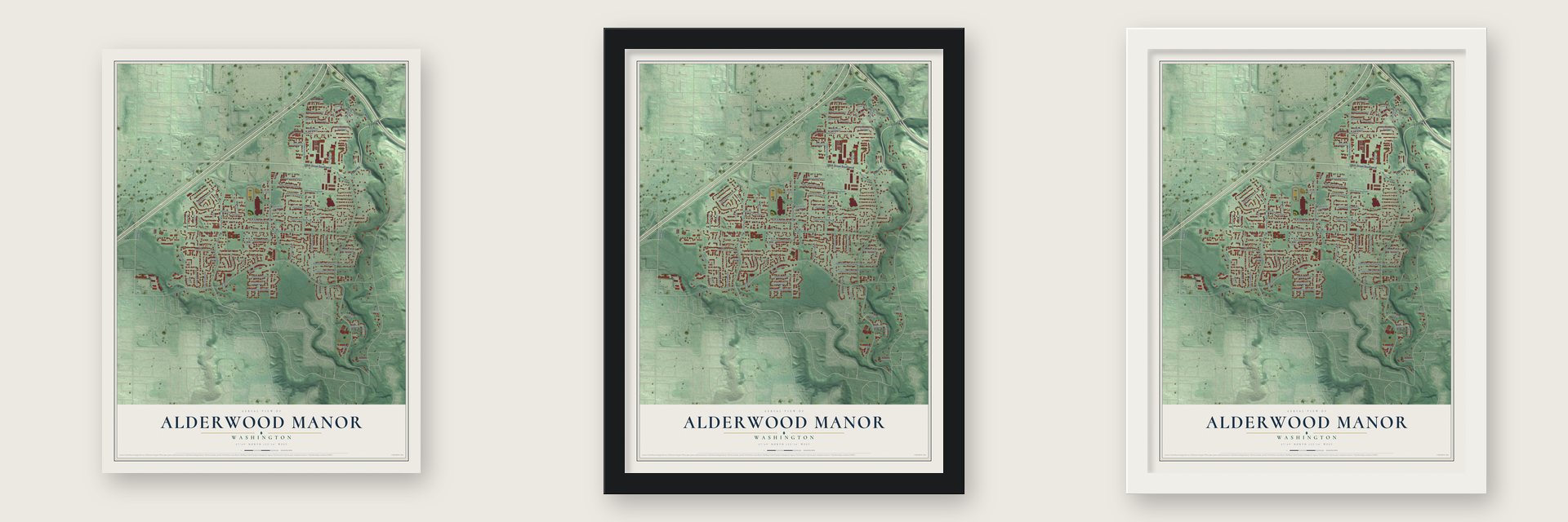 Alderwood Manor, Washington map unframed, in a black wood frame and in a white wood frame