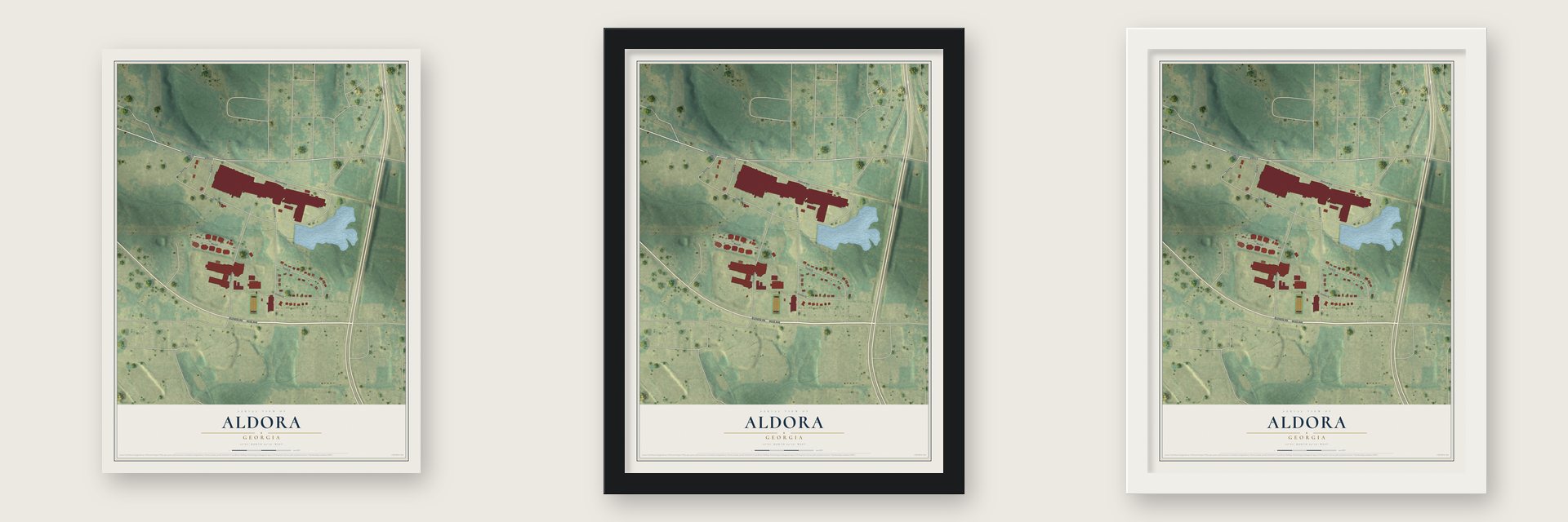Aldora, Georgia map unframed, in a black wood frame and in a white wood frame