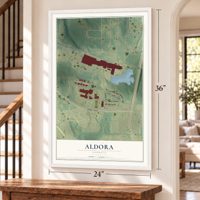 Aldora, Georgia map, 24 x 36 inch print in a white frame by a staircase