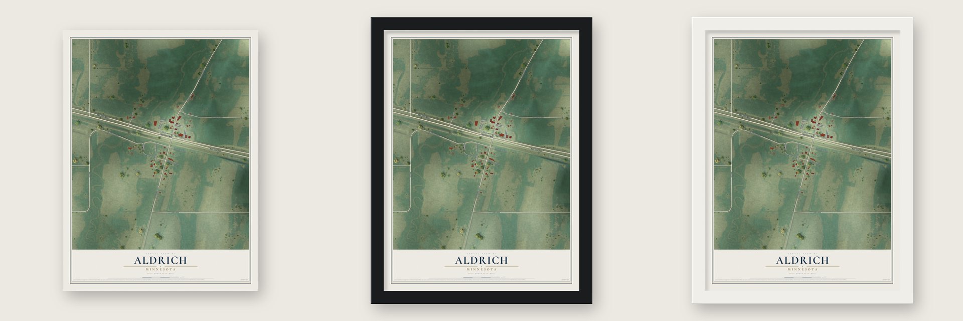 Aldrich, Minnesota map unframed, in a black wood frame and in a white wood frame