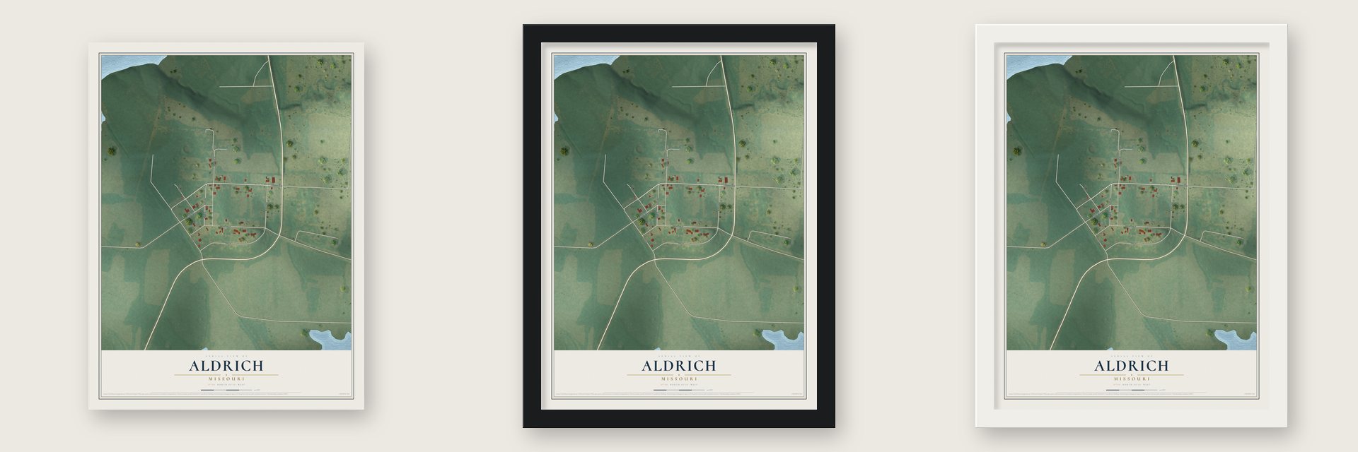 Aldrich, Missouri map unframed, in a black wood frame and in a white wood frame