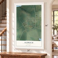 Aldrich, Missouri map, 24 x 36 inch print in a white frame by a staircase