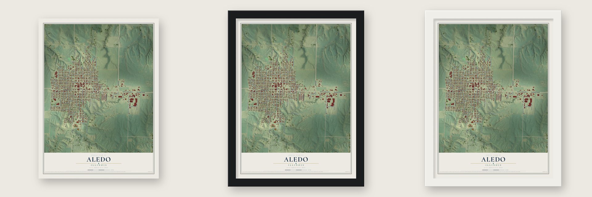 Aledo, Illinois map unframed, in a black wood frame and in a white wood frame