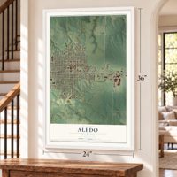 Aledo, Illinois map, 24 x 36 inch print in a white frame by a staircase