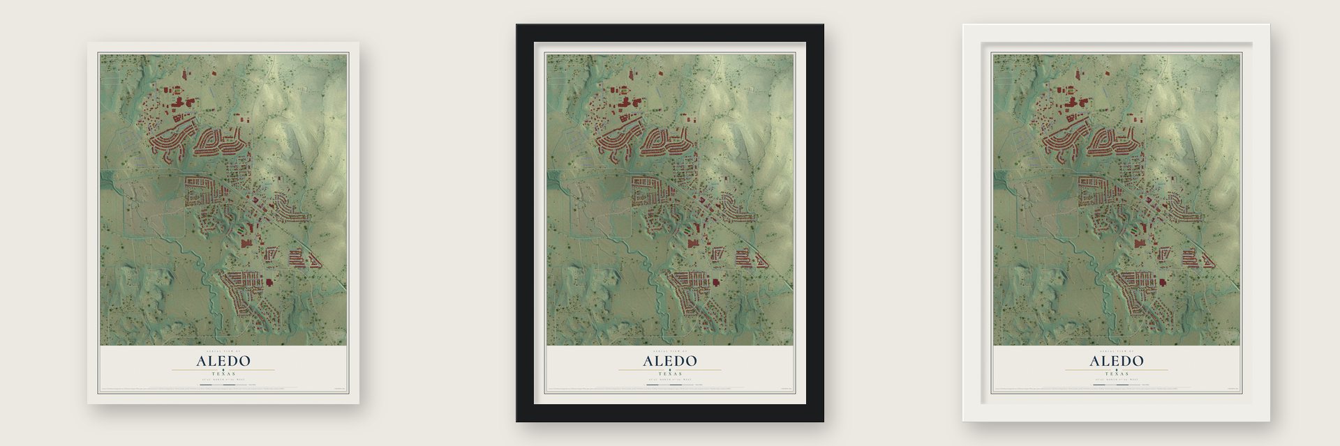Aledo, Texas map unframed, in a black wood frame and in a white wood frame