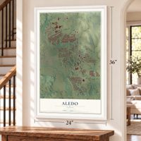 Aledo, Texas map, 24 x 36 inch print in a white frame by a staircase