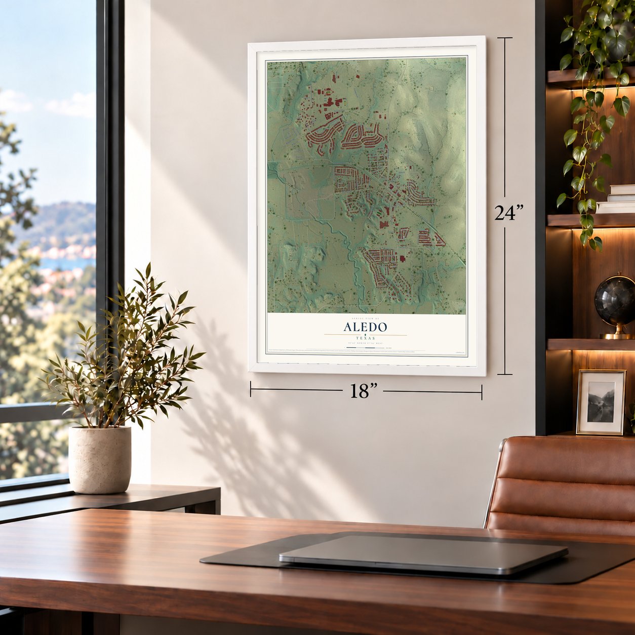 Aledo, Texas map, 18 x 24 inch print in a white frame in a home office