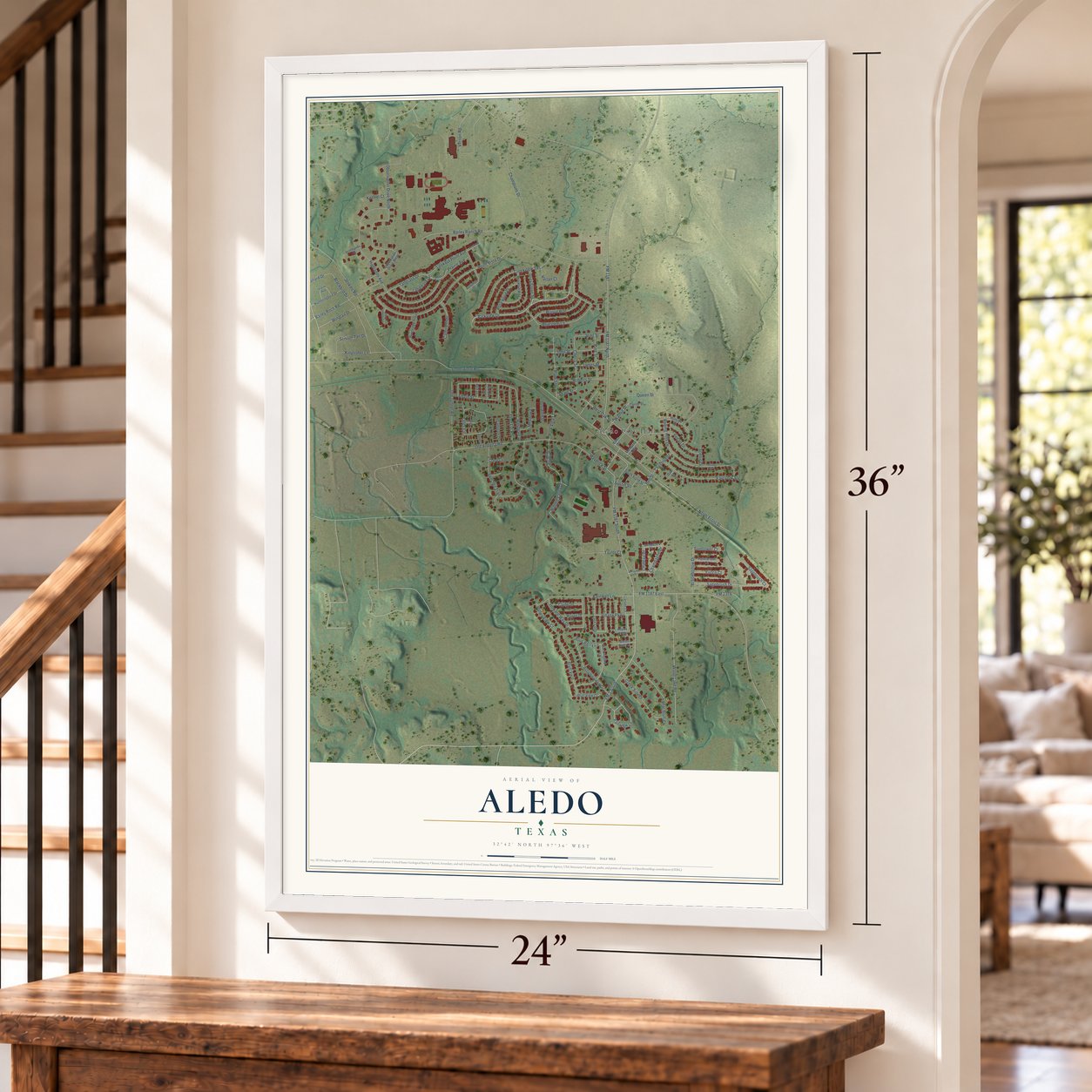 Aledo, Texas map, 24 x 36 inch print in a white frame by a staircase