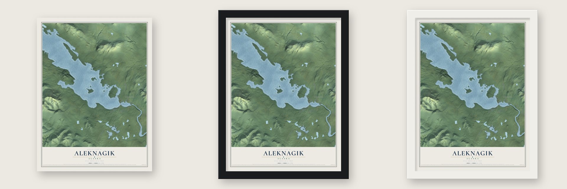 Aleknagik, Alaska map unframed, in a black wood frame and in a white wood frame