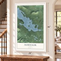 Aleknagik, Alaska map, 24 x 36 inch print in a white frame by a staircase