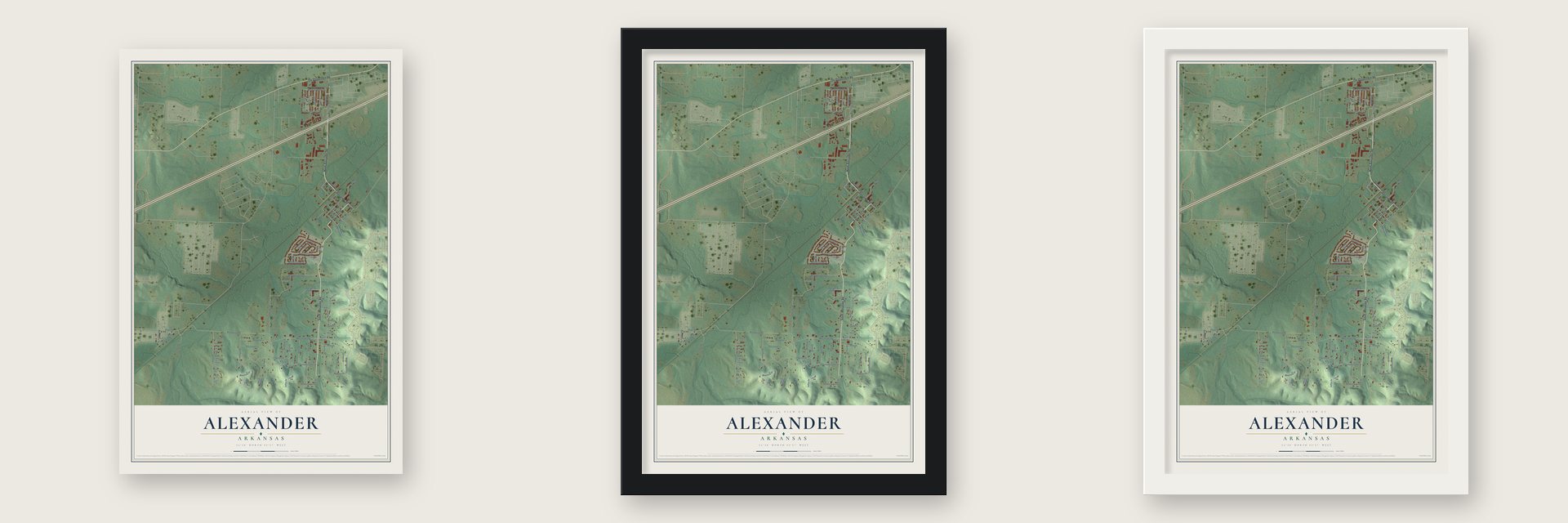 Alexander, Arkansas map unframed, in a black wood frame and in a white wood frame