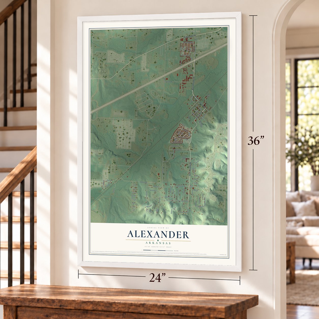 Alexander, Arkansas map, 24 x 36 inch print in a white frame by a staircase