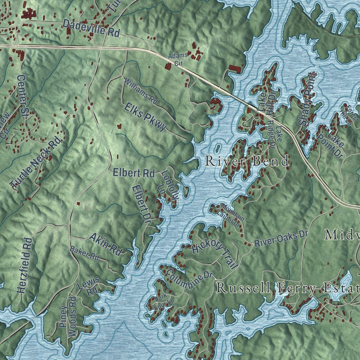 Second close-up of the map of Alexander City, Alabama print showing more streets and buildings