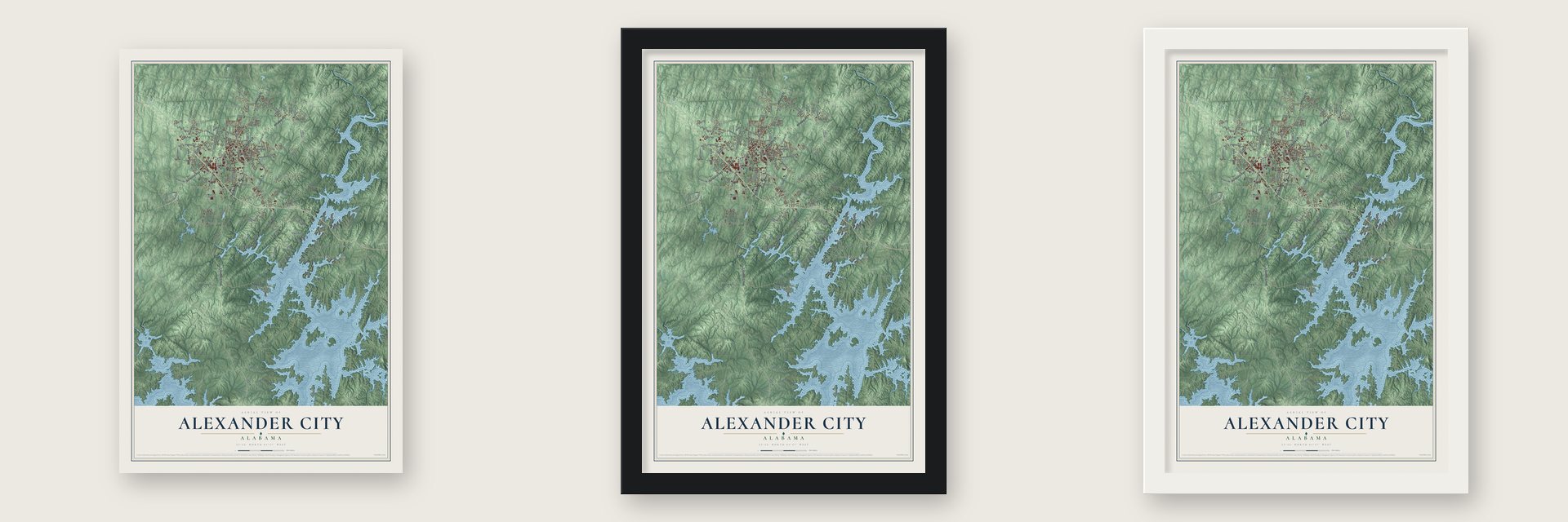 Alexander City, Alabama map unframed, in a black wood frame and in a white wood frame