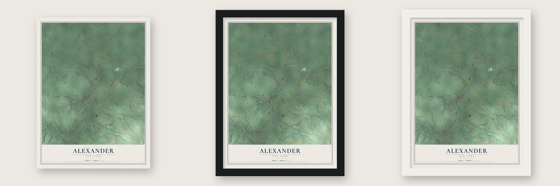 Alexander, New York map unframed, in a black wood frame and in a white wood frame