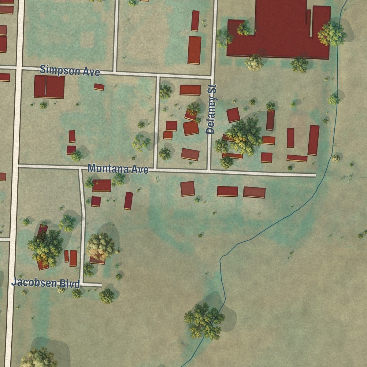 Second close-up of the map of Alexander, North Dakota print showing more streets and buildings