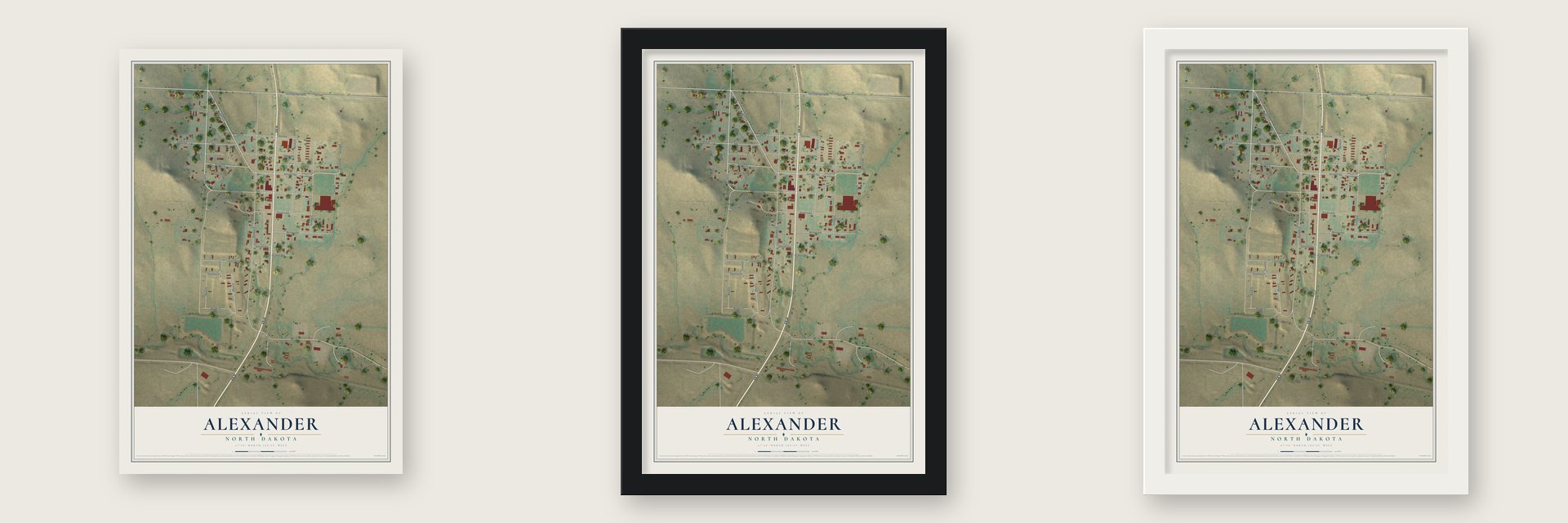 Alexander, North Dakota map unframed, in a black wood frame and in a white wood frame
