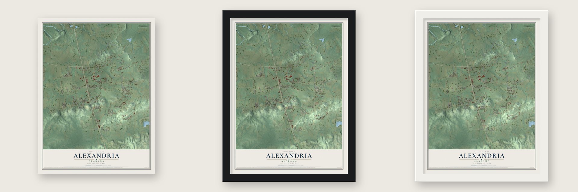 Alexandria, Alabama map unframed, in a black wood frame and in a white wood frame